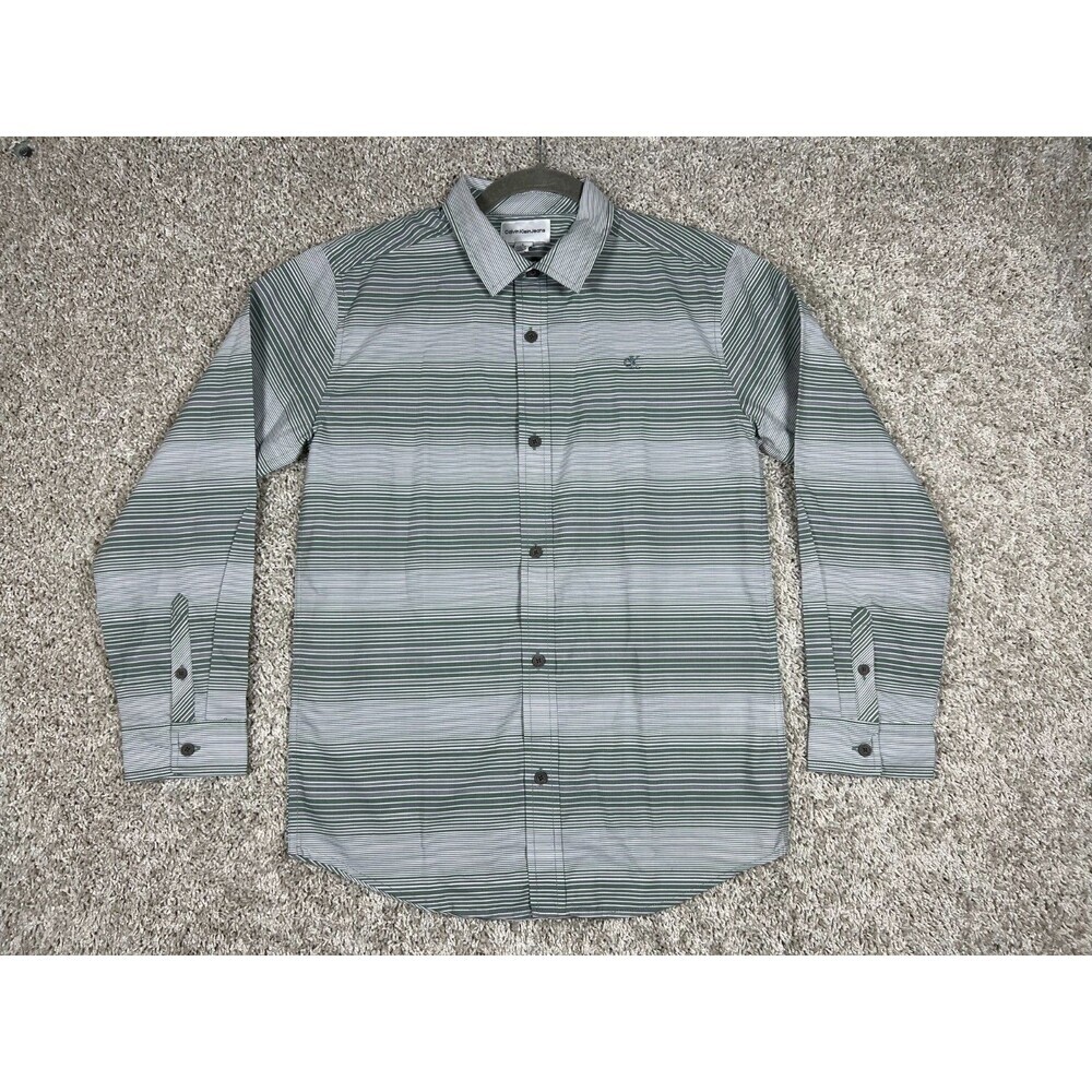 Calvin Klein Jeans Mens L Gray Stripe Button Up Shirt Logo Cotton Blend